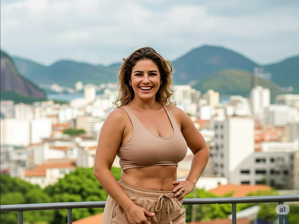Mulher acima dos 40 sorrindo enquanto mostra a forma saudável, simbolizando autoestima e nutrição consciente.
