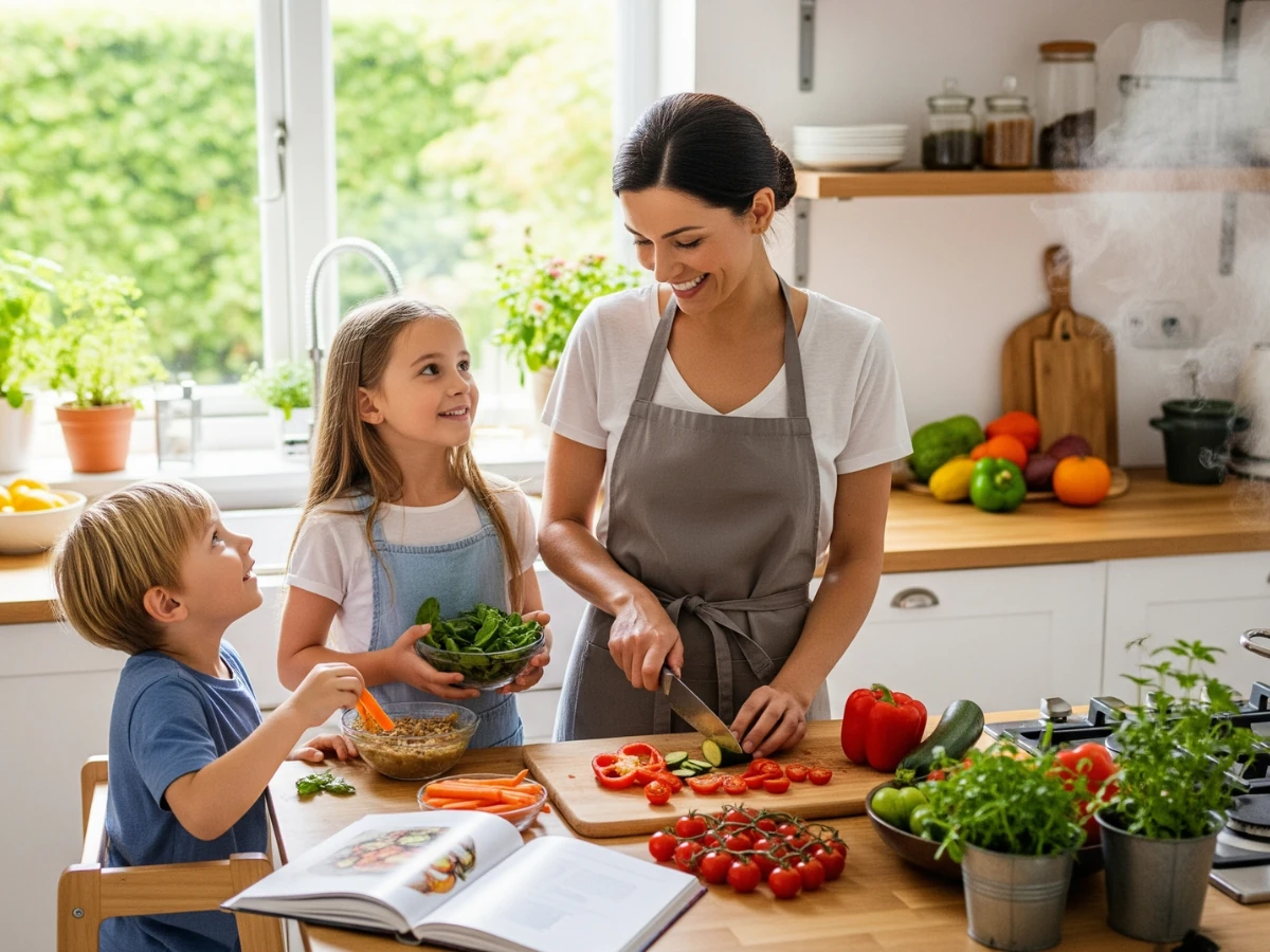 Mãe preparando uma refeição saudável com vegetais frescos, sorrindo ao lado dos filhos.