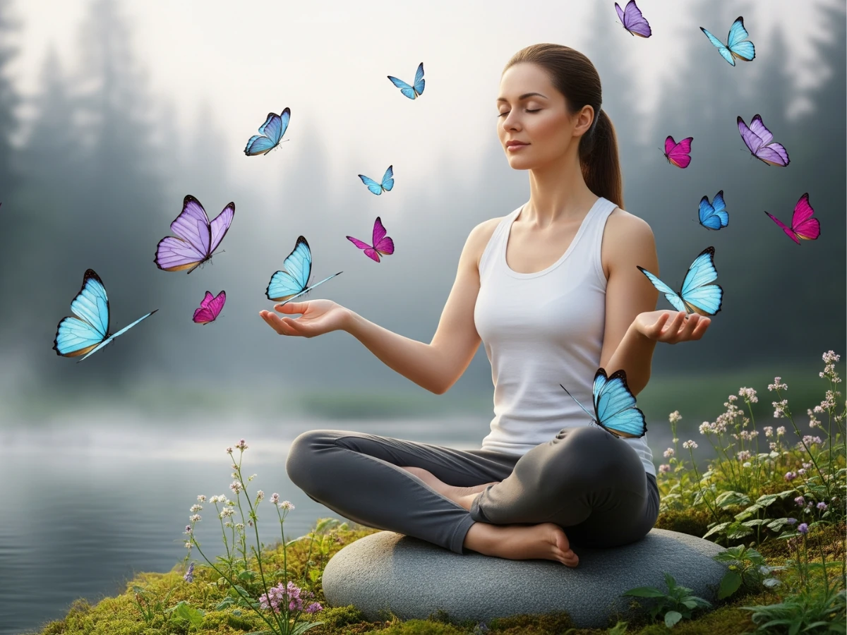 Mulher serena meditando com borboletas ao redor, representando fé, transformação e saúde mental.